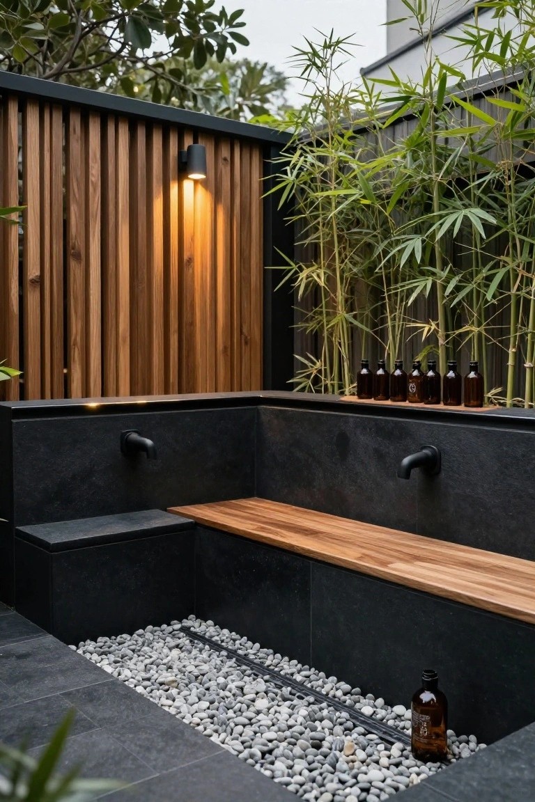 Corner outdoor bench of black stone with wooden seat and two wall-mounted faucets, pebble flooring, bamboo plants, and wooden slat fence in background.