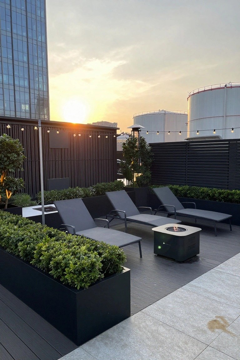 Rooftop terrace featuring gray lounge chairs arranged around a square black fire pit table, flanked by black planters filled with green boxwood shrubs, black slatted screens, string lights, and an urban view at sunset.