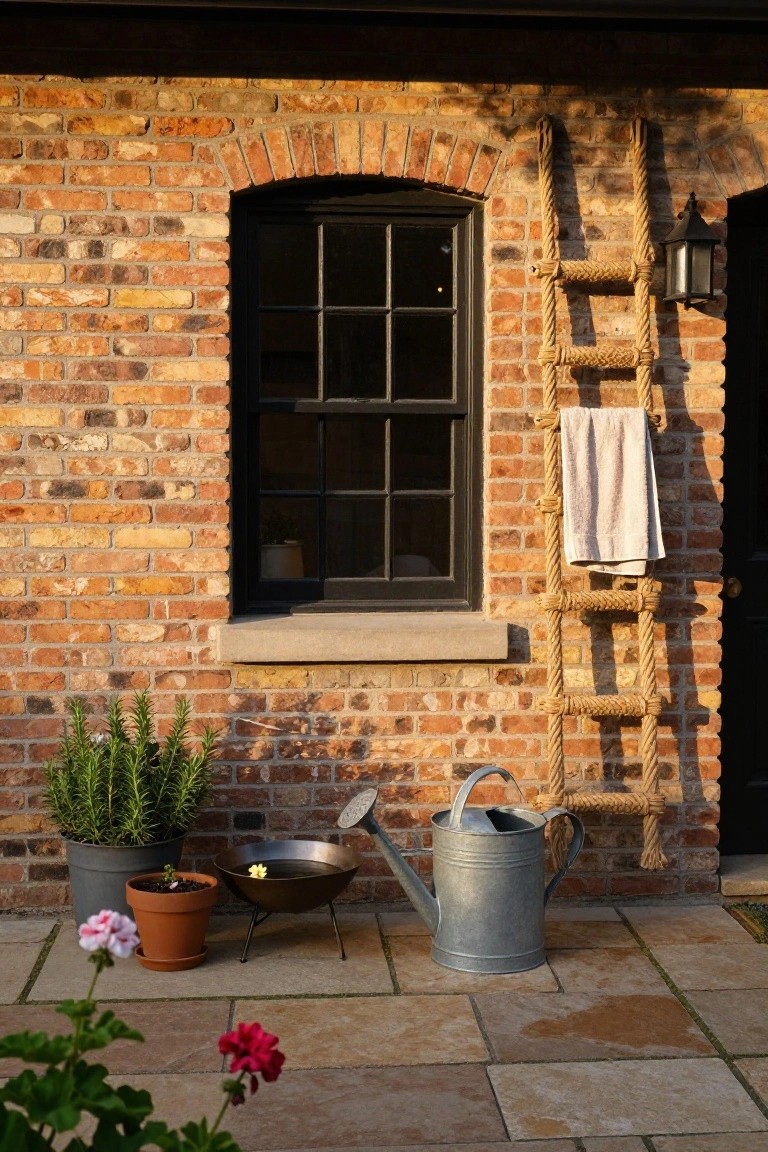 Brick exterior wall with arched black window, mounted rope ladder holding a white towel, potted rosemary and geranium plants, galvanized watering can, metal bowl with water and flower on stone patio.