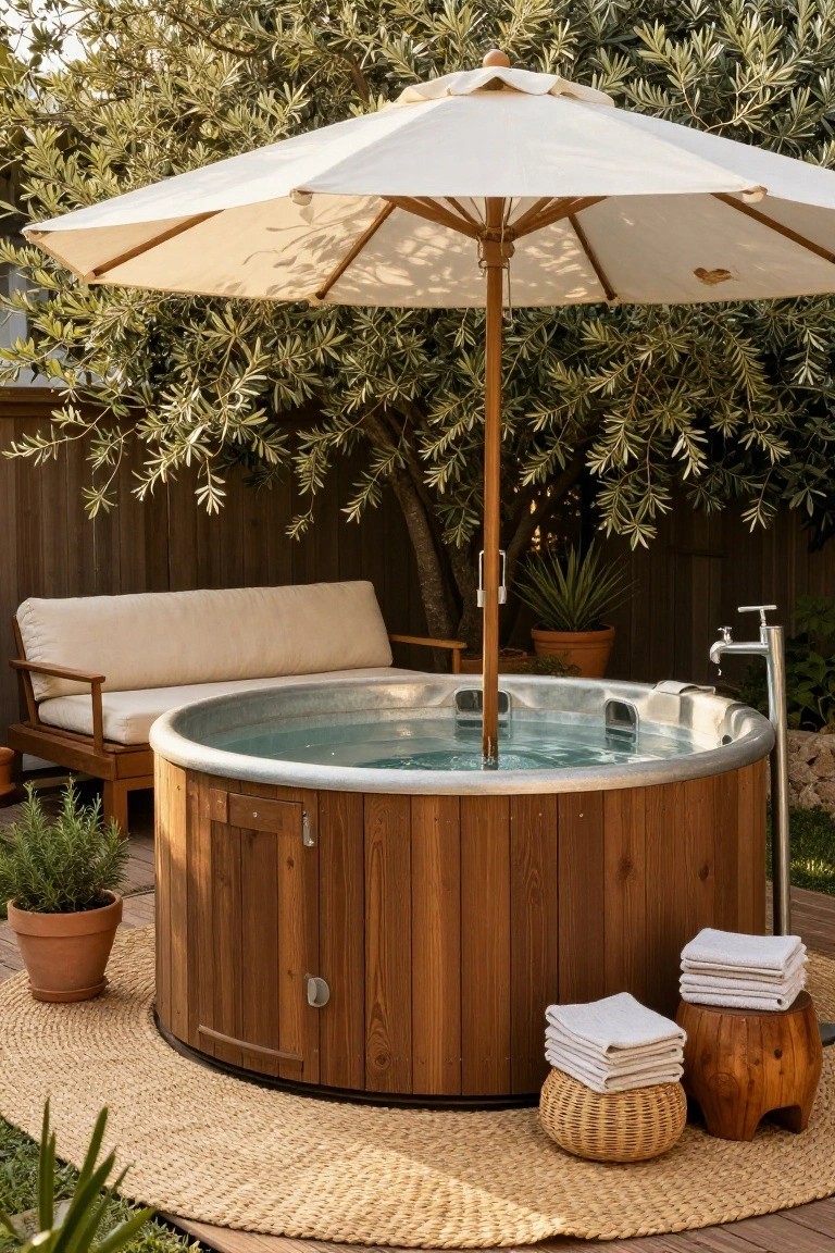 Wooden barrel hot tub on a deck with clear water inside, large white umbrella positioned over the center, beige cushioned bench beside it, potted plants, stacked white towels on stools, and surrounding olive trees.