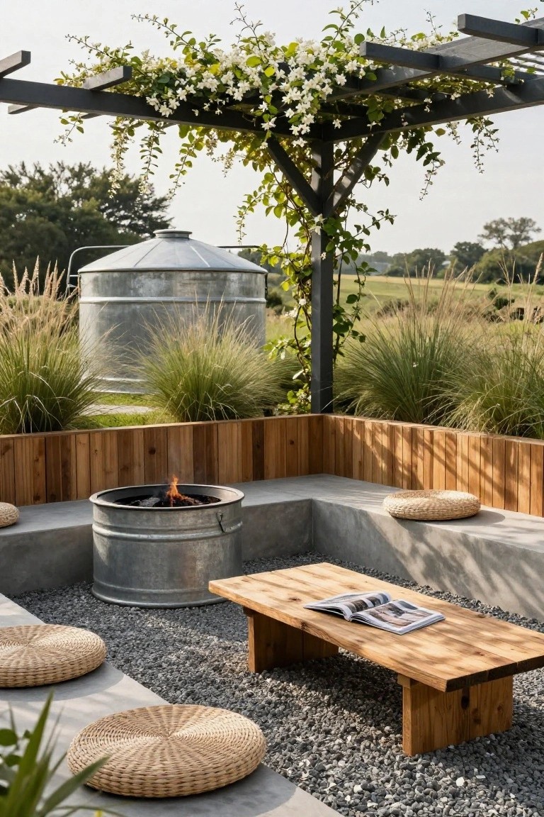 Outdoor seating area with L-shaped concrete benches around a galvanized stock tank fire pit, wooden coffee table with open magazine, woven floor cushions, under vine-covered pergola, ornamental grasses, gravel ground, and large stock tank in background.