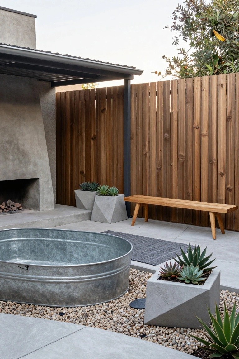 Galvanized stock tank pool in a gravel-surrounded outdoor patio with geometric concrete planters containing succulents, a wooden bench nearby, fire pit structure, and wooden fence backdrop.