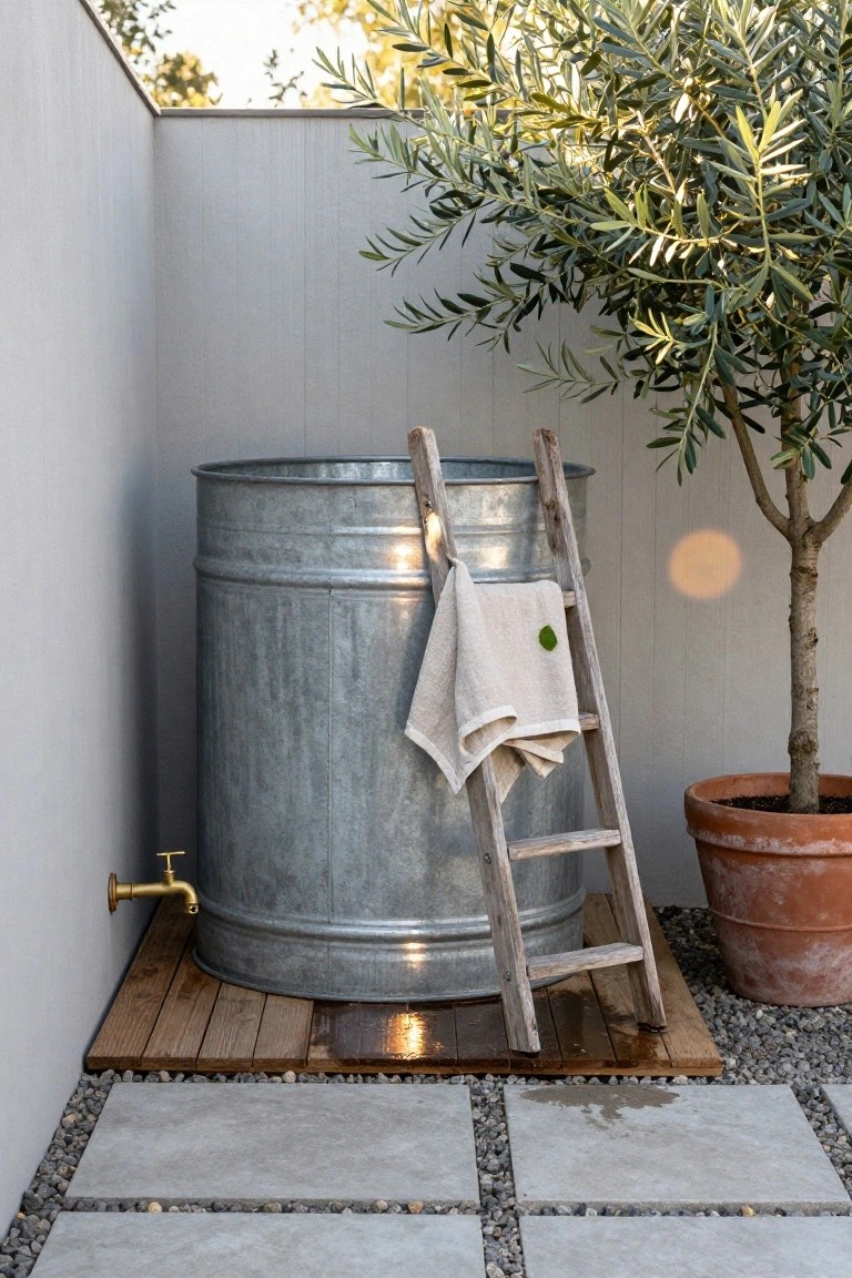 Galvanized metal stock tank used as an outdoor pool with a wooden ladder leaning against it, a beige towel draped over the ladder, gold faucet on the side, olive tree in terracotta pot, on wooden platform with pebble and paver surround.