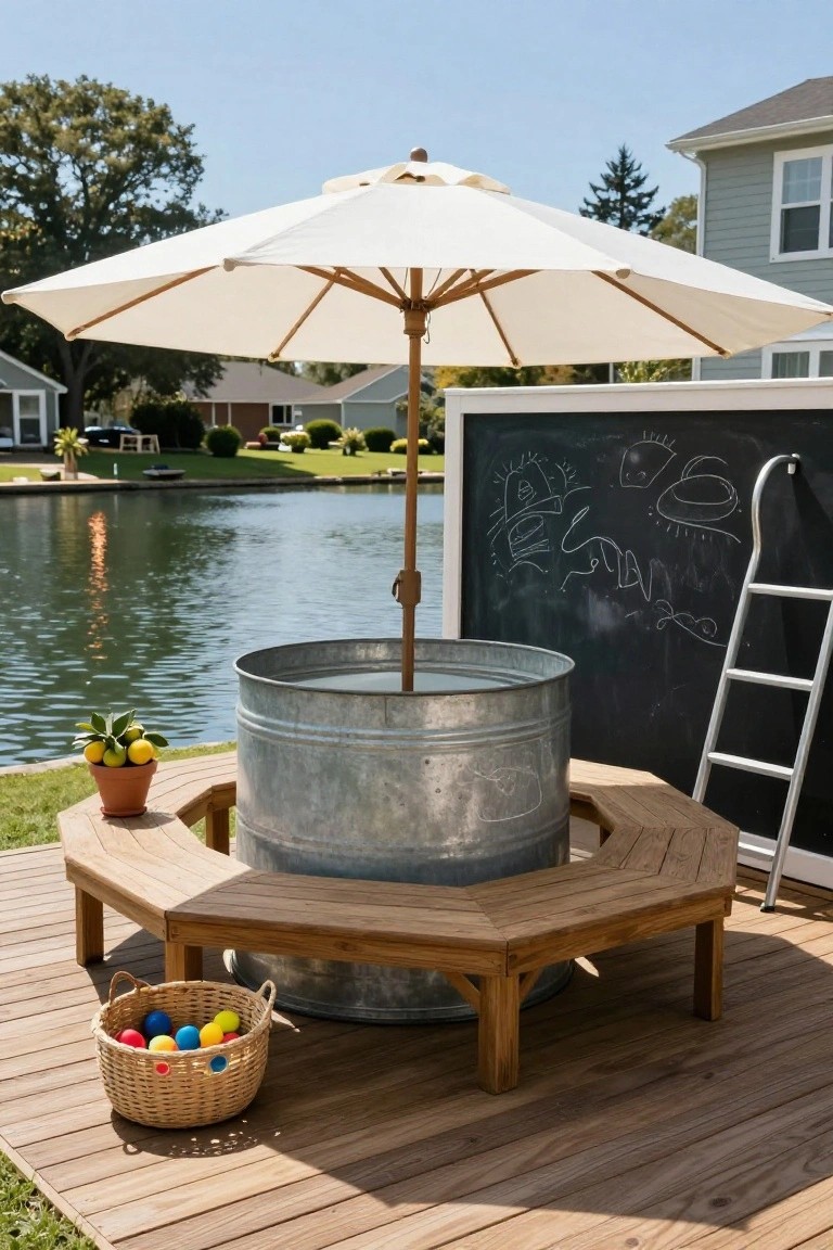 Galvanized stock tank pool on a wooden deck surrounded by an octagonal wooden bench, with a centered white umbrella, basket of colorful balls, potted lemons, and chalkboard with ladder nearby, overlooking a lake.