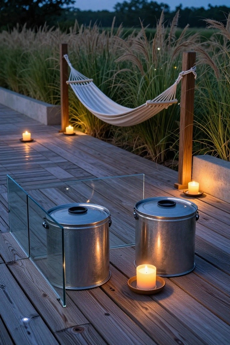 Wooden deck at dusk with two metal stock tanks enclosed by glass panels, candles on the deck, a white hammock hung between wooden posts amid tall grasses.
