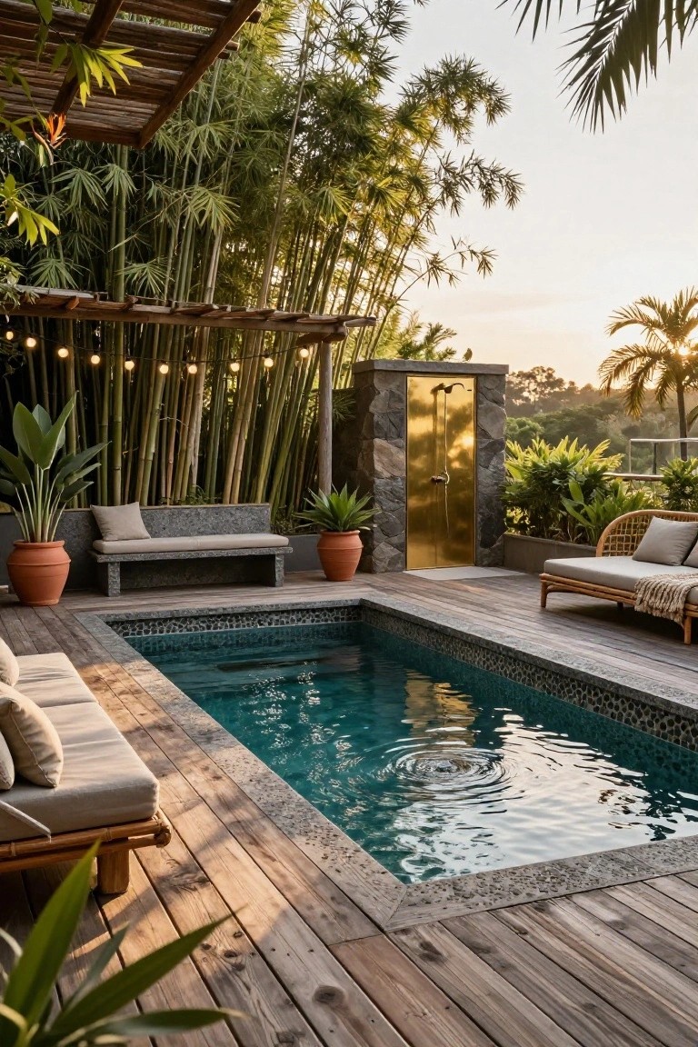 Small rectangular plunge pool with turquoise mosaic tiles on a wooden deck, enclosed by dense bamboo groves and tropical plants, with lounge chairs, a stone bench, potted plants, and a gold outdoor shower door.