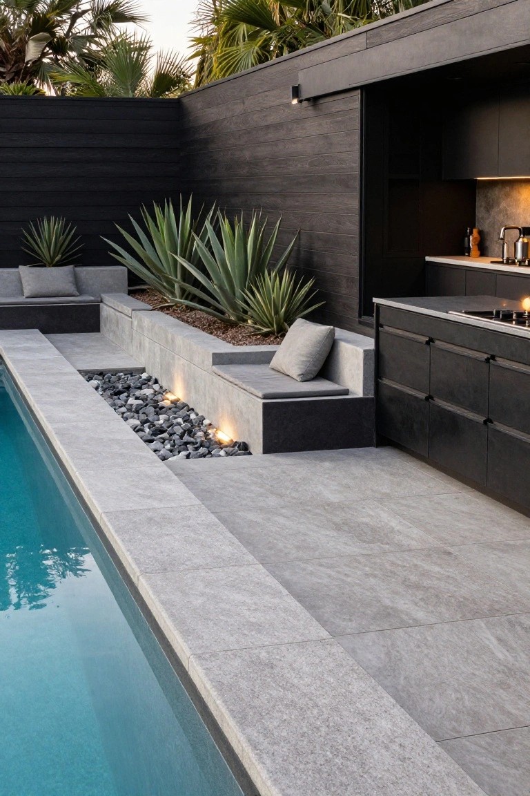 Gray stone pool deck with built-in concrete benches topped with gray cushions, a pebble trench with embedded lights along the pool edge, black wood outdoor kitchen cabinets, and agave plants against black wood walls.