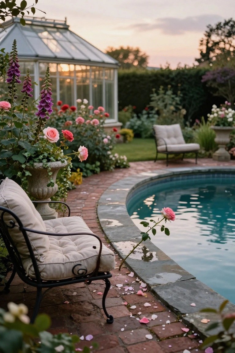 Cushioned beige chair on black wrought-iron frame positioned beside a curved turquoise pool with brick and stone edging, pink roses in a stone urn nearby, scattered rose petals on the path, lush garden and greenhouse in the background at dusk.