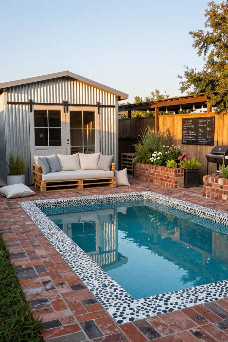 Small turquoise pool with black-and-white dotted tile edging on brick pavers, next to a wooden pallet sofa with gray cushions and pillows, surrounded by potted plants, flower boxes, a metal shed, wooden fence, and barbecue grill in a backyard.