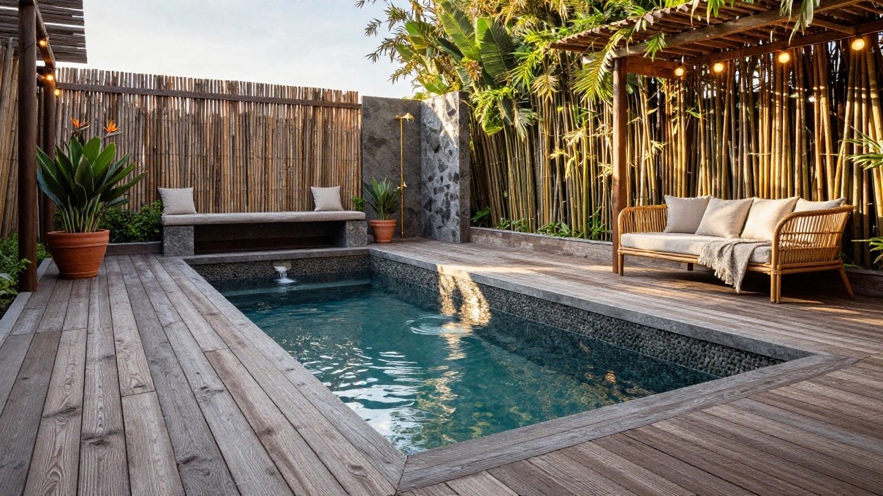 Small rectangular plunge pool with turquoise mosaic tiles on a wooden deck, enclosed by dense bamboo groves and tropical plants, with lounge chairs, a stone bench, potted plants, and a gold outdoor shower door.