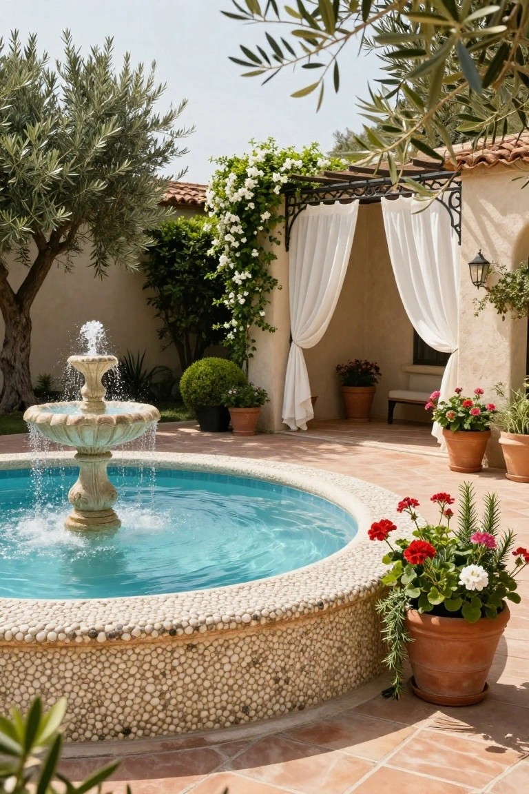 Circular blue pool with two-tier stone fountain in center, white pebble mosaic edge on terracotta tile patio, surrounded by olive trees, potted geraniums, boxwoods, and pergola with white sheer curtains and bench seating.