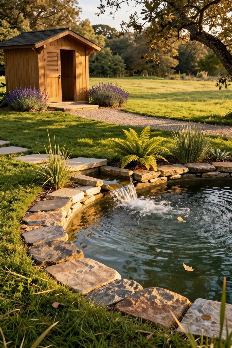 A circular backyard pond with stacked natural stone edging and a small waterfall, surrounded by grass, lavender bushes, ferns, ornamental grasses, stepping stones, gravel path, wooden shed, and trees in the background.