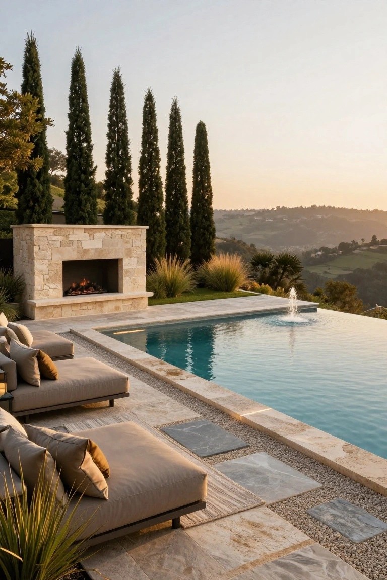 Infinity edge backyard pool with central fountain bubbler, adjacent stone fireplace with fire, two beige lounge chairs with pillows on stone and pebble decking, tall cypress trees, grasses, and hillside views at sunset.