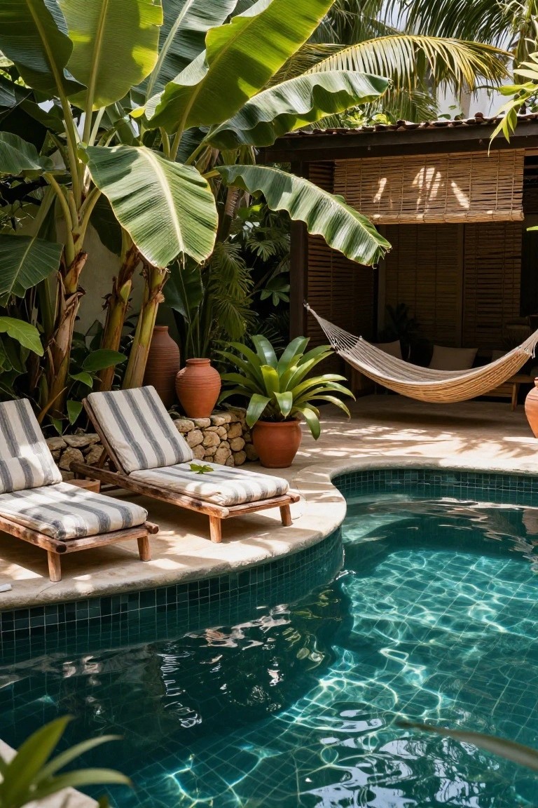 Curved turquoise-tiled pool with two adjacent wooden lounge chairs topped with striped cushions and pillows, surrounded by lush tropical plants like banana trees, a hanging hammock, terracotta pots, and a wooden structure with bamboo screens in the background.