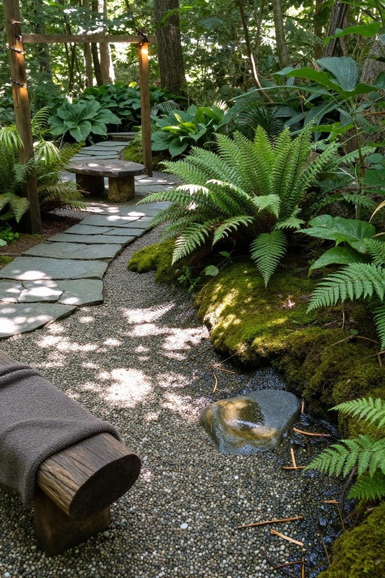 Winding gray stone path edged by lush green ferns, mossy gravel, and a small stream in a forested garden with wooden benches and an archway.