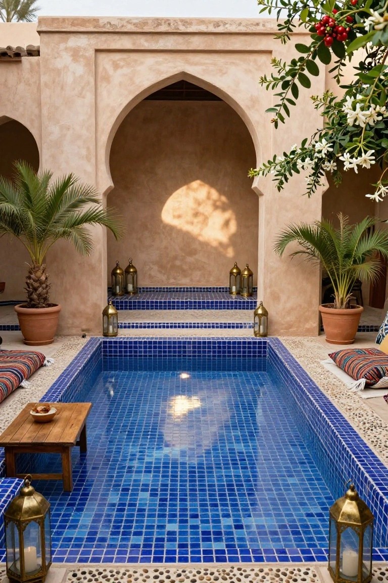 Small rectangular pool with blue mosaic tiles in a beige stucco courtyard featuring arched doorways, potted palm trees, brass lanterns, a wooden side table, and colorful floor cushions.
