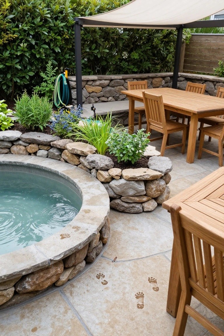 Curved hot tub with turquoise water edged by stacked natural stones planted with greenery, next to wooden dining table and chairs on stamped concrete patio with paw prints, under beige shade sail by hedges.