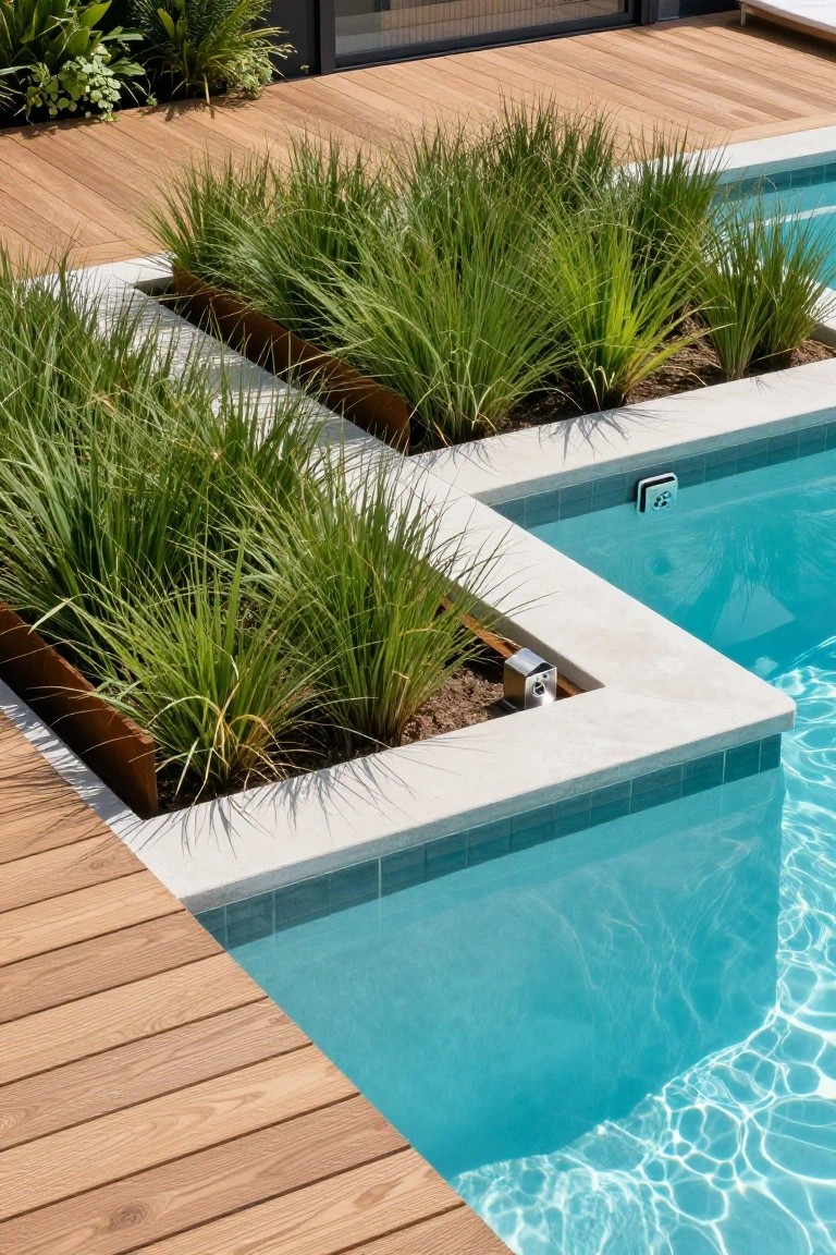 Close-up of a turquoise-tiled infinity pool edged with rectangular corten steel planters filled with tall green grasses, next to a light wooden deck and tropical foliage in the background.