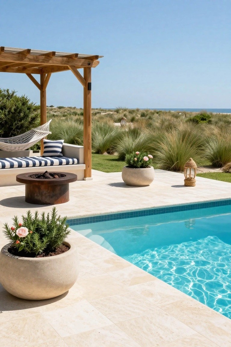 Wooden pergola shading a blue-striped bench and hammock near a round fire pit on a stone pool deck, with potted plants, turquoise pool water, and distant sand dunes and sea grasses.