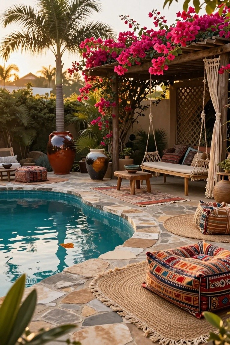 Turquoise curved pool edged in stone tiles next to a pergola with pink bougainvillea vines, a hanging macrame hammock swing with cushions, colorful patterned poufs and rugs, large terracotta pots, palm trees, and greenery in a backyard at sunset.