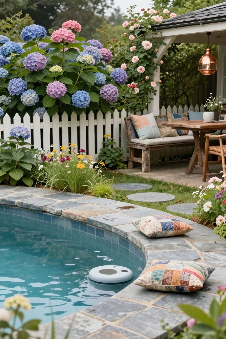 Backyard pool with turquoise water and a white floating ring, colorful oversized pillows on the curved stone deck edge, lush hydrangea bushes along a white picket fence, wooden bench and table under a covered structure with climbing roses.