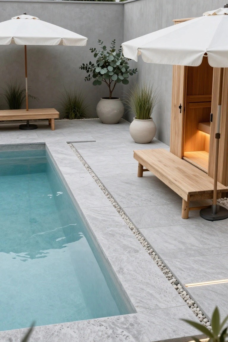 Backyard infinity-edge pool with adjacent wooden sauna cabin featuring warm interior light, flanked by white market umbrellas, wooden benches, potted grasses and eucalyptus plants, and gray stone paving with pebble borders.