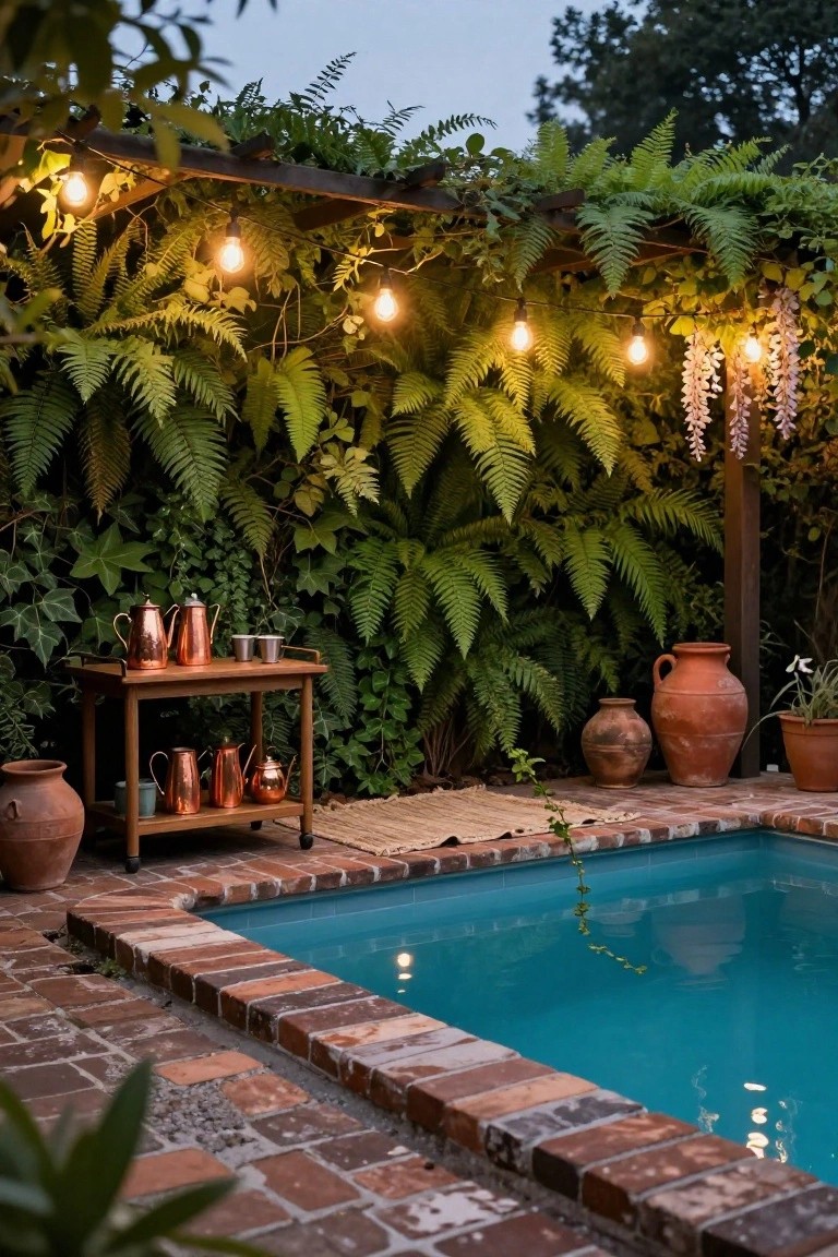 Wooden serving cart with copper teapots, mugs, and terracotta pots positioned beside a turquoise pool with brick edging, surrounded by lush ferns, string lights, and wisteria.