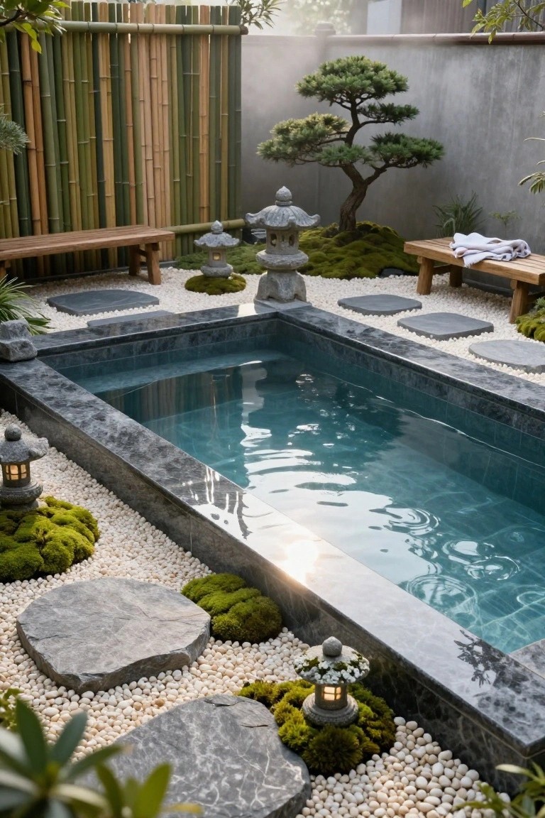 A rectangular pool with dark stone edging sits in a backyard surrounded by white pebbles, moss patches, gray stepping stones, stone lanterns, bonsai trees, wooden benches, and bamboo fencing.