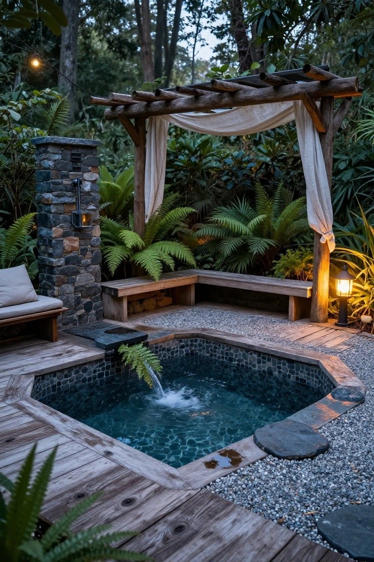 Small octagonal pool with black mosaic tiles and fountain on a wooden deck platform, surrounded by ferns, gravel, stone steps, wooden bench, pillar lantern, and draped pergola in a lush tropical garden at dusk.