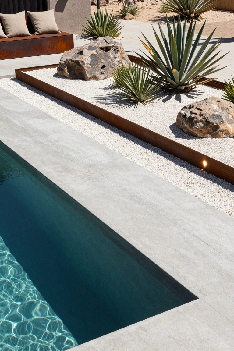 Pool deck in light gray stone next to white pebble garden beds bordered by rusted metal edging, with agave plants, boulders, and nearby outdoor bench.