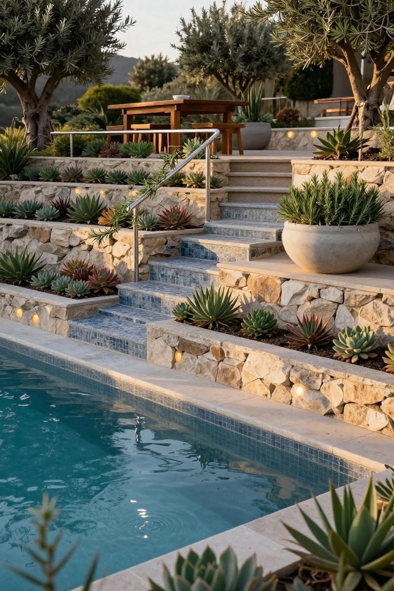 Terraced stone retaining walls densely planted with succulents like agaves and aloes flank blue mosaic-tiled steps leading down to a turquoise pool, with olive trees and a wooden outdoor table above.