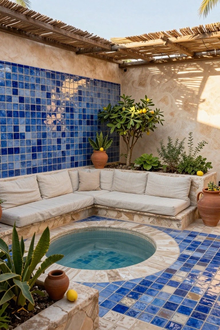 Courtyard with blue mosaic tiled walls and floor around a circular sunken hot tub filled with turquoise water, beige L-shaped sofa seating in the corner, potted plants including agave and lemon tree, terracotta pots, and thatched roof overhead.