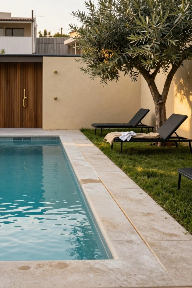 Rectangular turquoise pool with light beige travertine coping and black metal sun loungers on adjacent grass strip, olive tree and wooden door on beige stucco wall nearby.