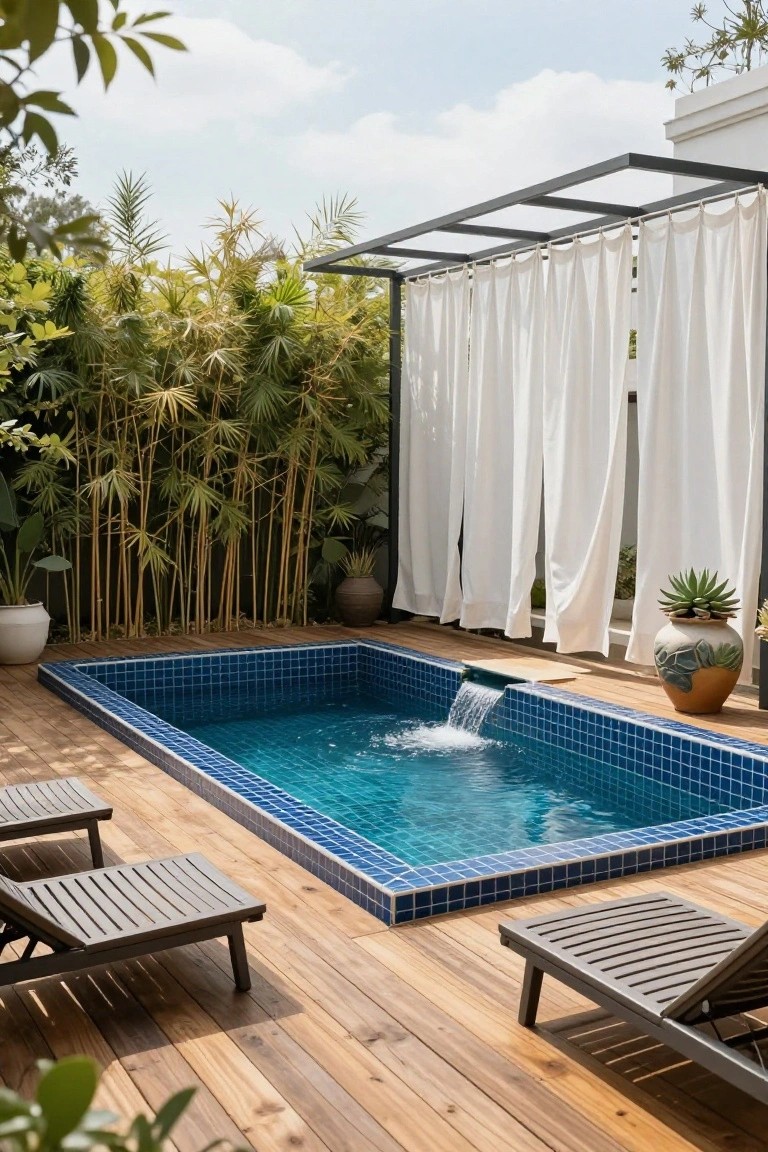 Modern backyard pool with blue tiles, white curtains, and lounge chairs.
