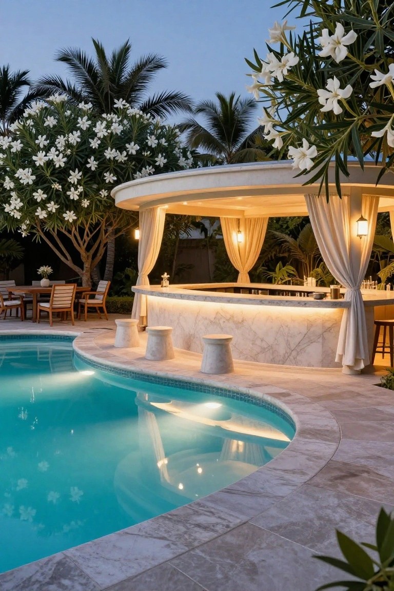 Curved white marble bar built along the edge of a turquoise pool in a tropical backyard with palm trees, frangipani bushes, draped curtains on a gazebo structure, wooden outdoor furniture, and warm lighting at dusk.