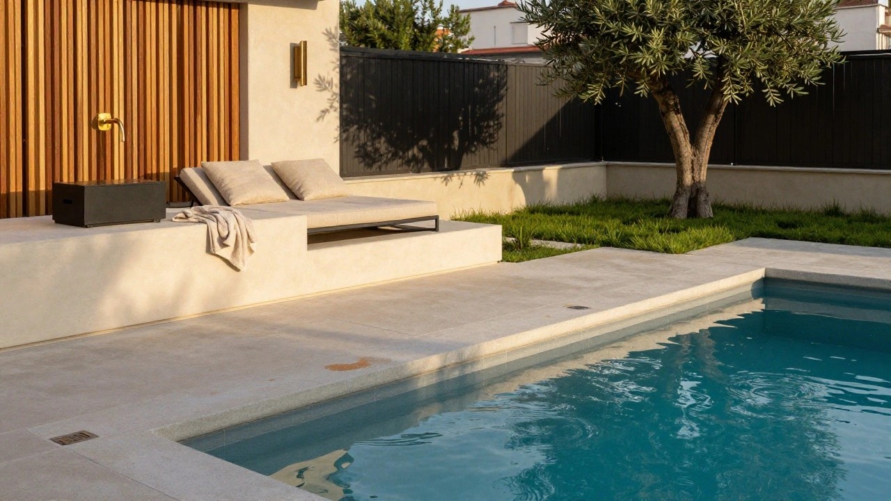 Rectangular turquoise pool with light beige travertine coping and black metal sun loungers on adjacent grass strip, olive tree and wooden door on beige stucco wall nearby.