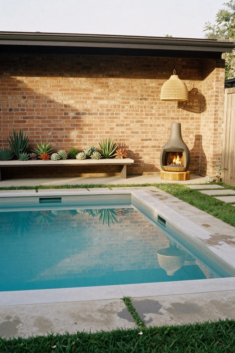Backyard pool edged in concrete with adjacent gray modern fire pit on wood base, brick wall with succulents on concrete bench, grass lawn, and rattan hanging lantern.