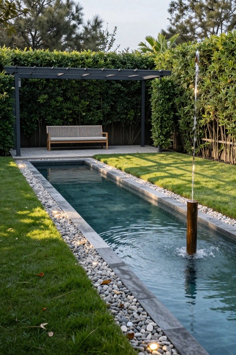 Narrow rectangular pool with central vertical water fountain spout from a metal pipe, edged in pebbles and dark stone, flanked by green grass lawns, with hedges, pergola structure, and wooden bench in a backyard setting.