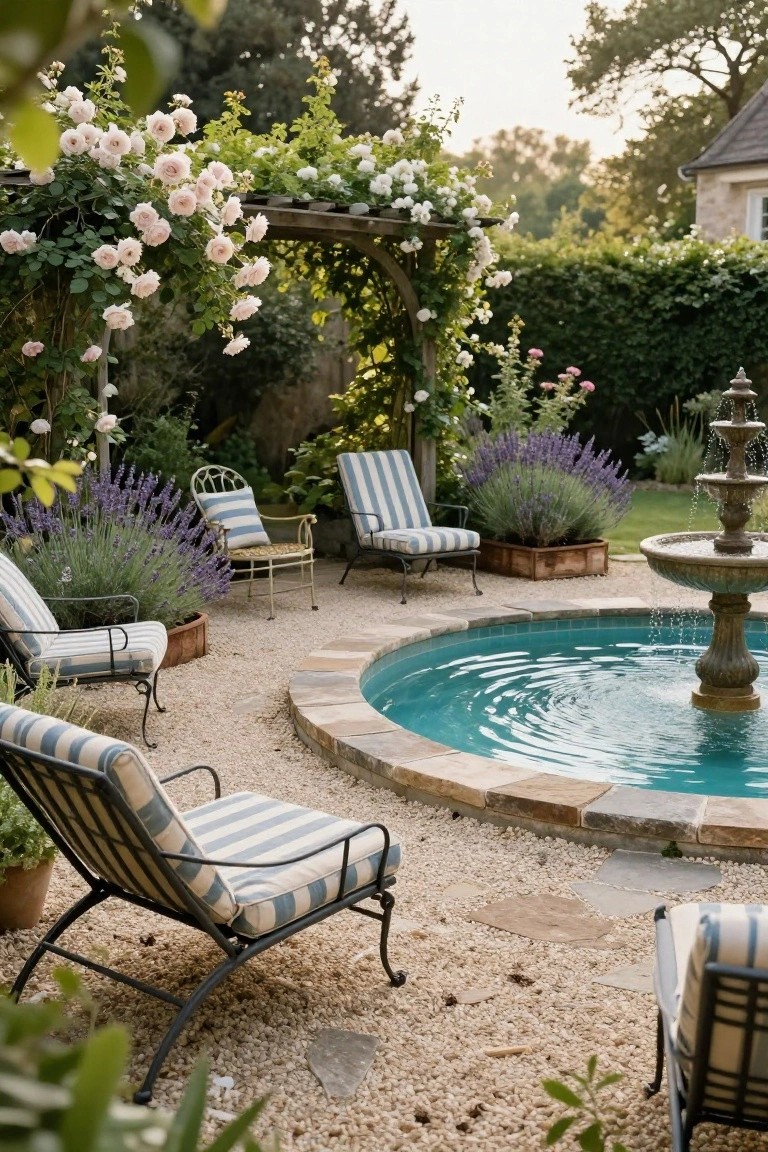 Gravel patio with several white metal lounge chairs upholstered in blue and white stripes arranged around a small circular turquoise pool with a central stone fountain, lavender plants in boxes, and pink roses climbing a wooden archway in the background.