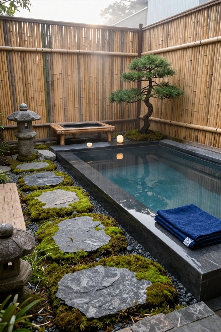 Small rectangular pool with dark stone edging in a bamboo-fenced backyard, moss-covered stepping stones leading to the water, bonsai pine tree, stone lanterns, wooden bench, and blue towels on the edge.