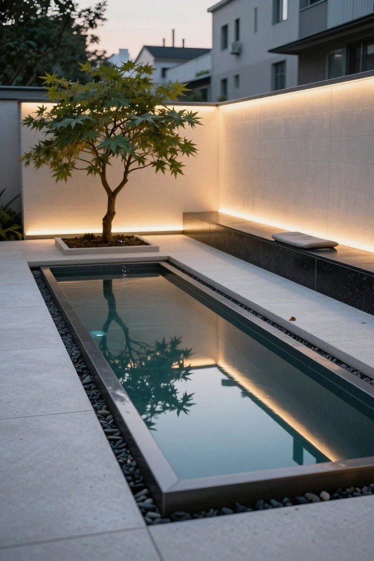 Long narrow in-ground pool in a modern courtyard with reflective dark water, potted Japanese maple tree, built-in black bench with gray cushion, white paneled walls with LED light strips, pebble stone edging, and surrounding white tile pavers.