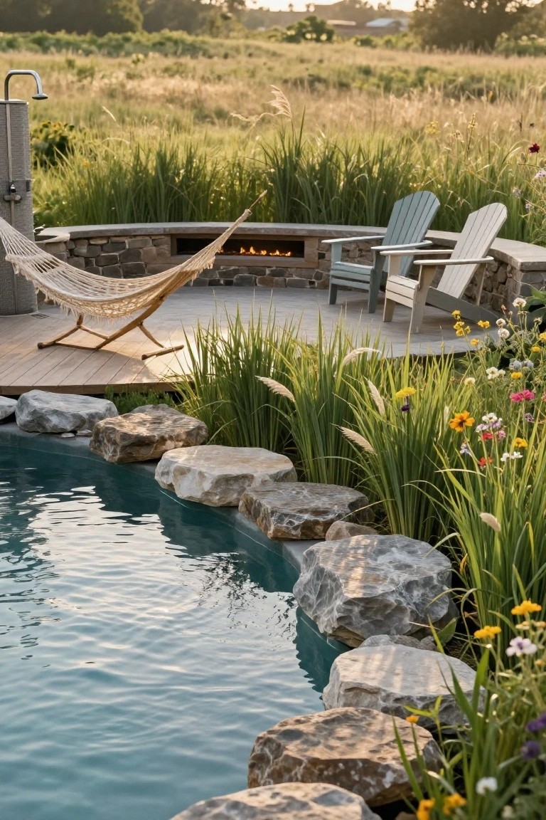 Curved turquoise pool edged with large irregular gray boulders and surrounded by tall ornamental grasses and wildflowers, next to a wooden deck holding a hammock, Adirondack chairs, stone fire pit, and outdoor shower in a grassy backyard.