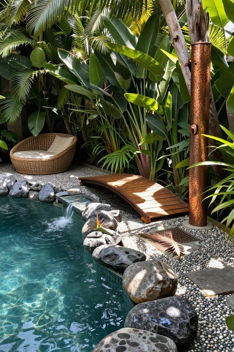Curved turquoise pool edged with large gray boulders and pebbles, surrounded by lush tropical plants, with a wooden arch bridge crossing over one end and a rattan lounge chair nearby.