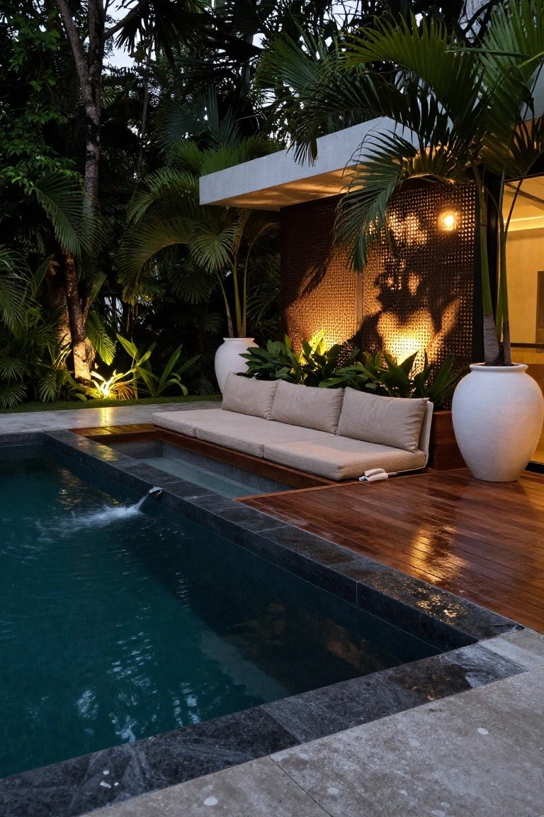 A rectangular pool with dark edges and blue water, adjacent wooden deck with long beige cushioned bench seating, large white ceramic pots with plants, tropical foliage, and a lit perforated wall screen in the background.