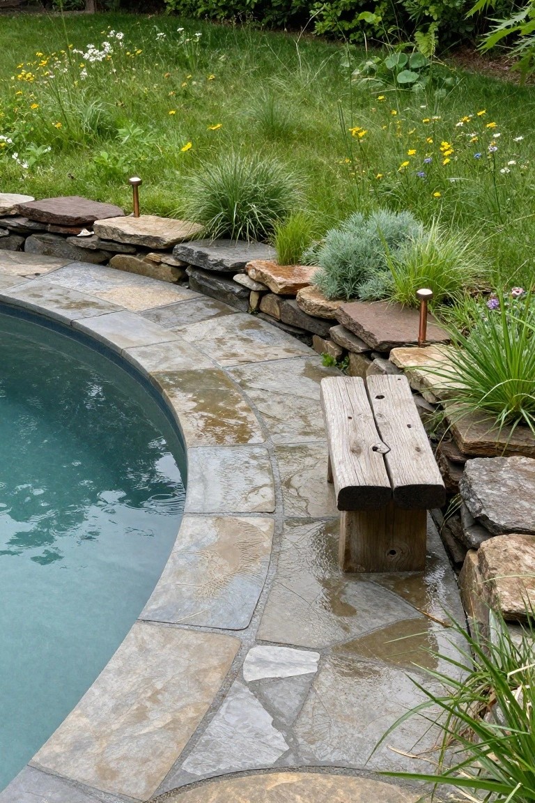 Curved turquoise pool edge with wet bluestone paving, rustic wooden bench against dry-stacked stone retaining wall, ornamental grasses and low lights nearby.
