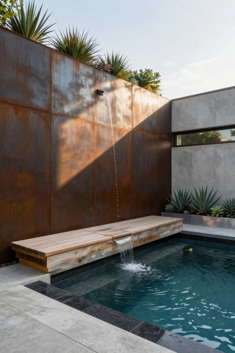 Small rectangular pool with dark blue-green water, wooden bench along one edge with waterfall cascading from behind it into the pool, rusted metal wall topped with agave plants, and adjacent concrete wall with potted succulents.
