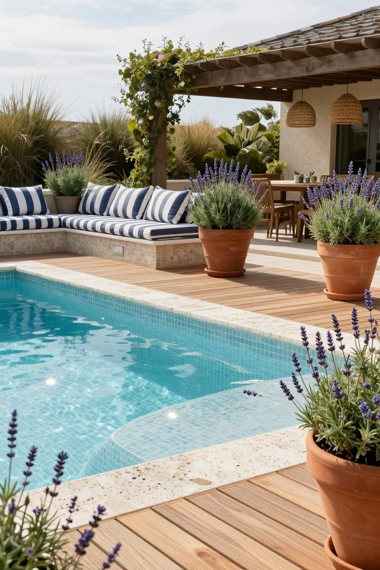 Backyard infinity-edge pool with turquoise tiles edged in stone and wood decking, featuring a built-in L-shaped bench with blue-and-white striped cushions, surrounded by large terracotta pots of lavender plants, wooden dining table, and pergola structure.