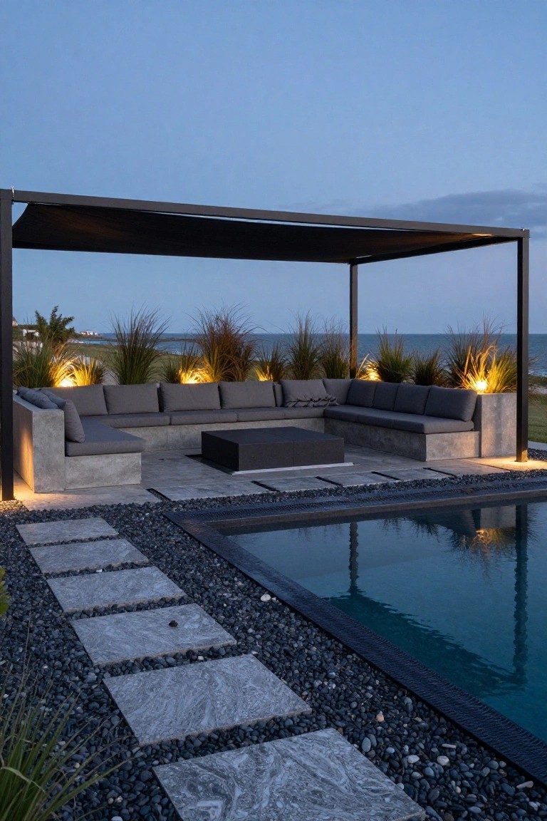 L-shaped gray concrete sofa with dark cushions and low black table under black metal pergola beside rectangular pool edged in black, with pebble and stone path, tall grasses, and ocean view.