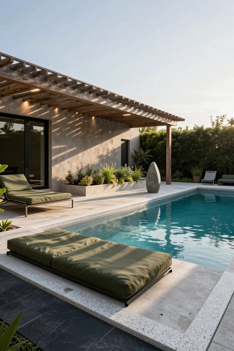 Turquoise pool with a wide green cushioned daybed platform at the edge, wooden pergola overhead, nearby loungers, plants, and a stucco house wall in the background.
