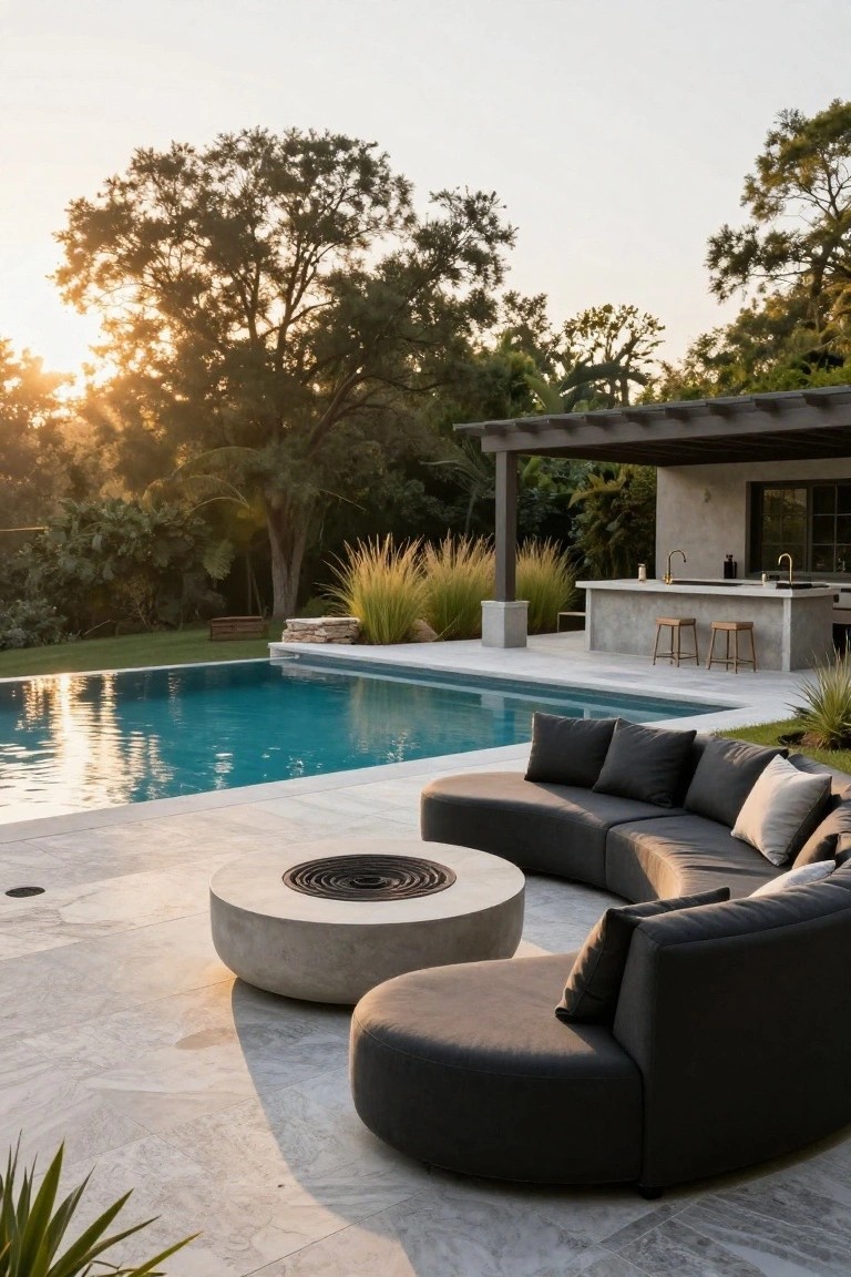 Outdoor pool area featuring a curved black sectional sofa around a round concrete fire pit table on light gray tiled patio, next to a rectangular blue pool, with an outdoor kitchen under a wooden pergola and greenery in the background at sunset.